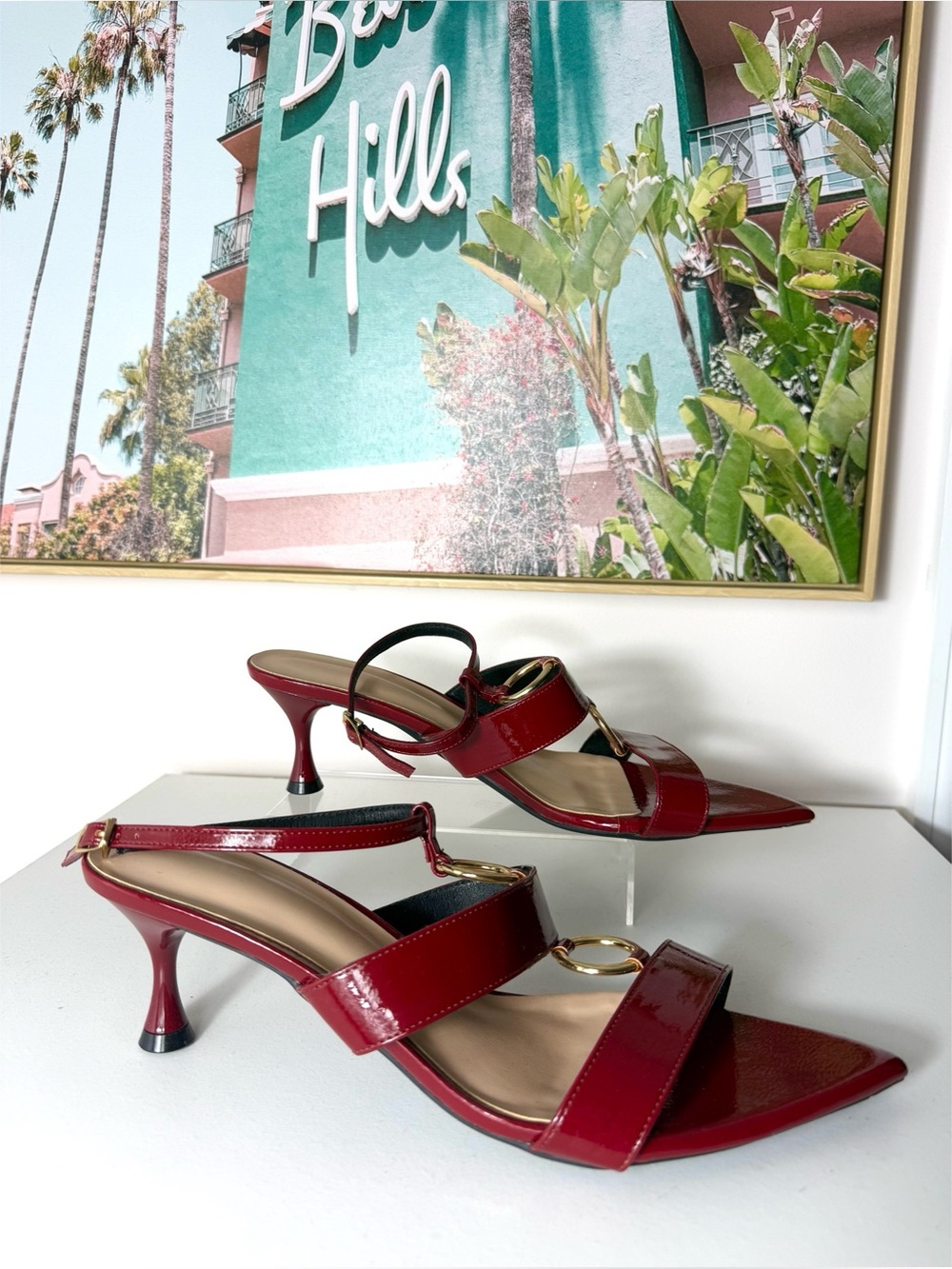 Burgundy Red Patent Slingback Pointed Toe Kitten Heels Gold Ring Size 11 EU 43